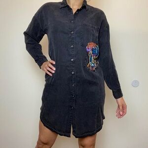 Zara Basic Denim Long Sleeve Buttoned Up Shirt‎ Dress Washed Black Embroidered S